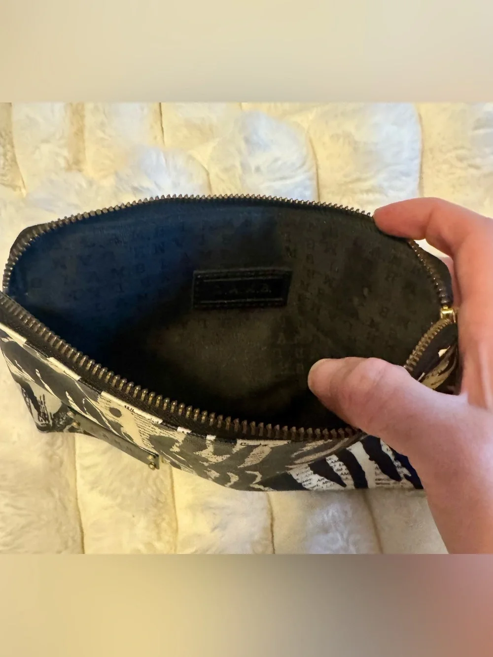 L.A.M.B. Gwen Stefani Vintage Rare Black White Zebra Newspaper Cosmetic Bag